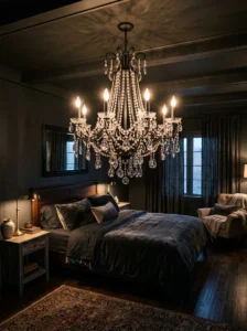 Statement chandelier in a romantic bedroom.