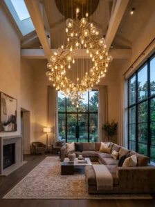 Oversized statement chandelier in a high-ceiling living room.