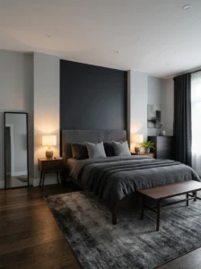 Grey bedroom with a deep charcoal accent wall behind the bed