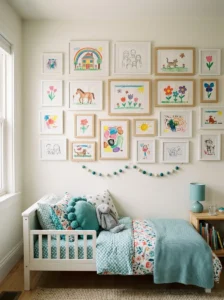 Girls bedroom gallery wall displaying her own artwork in simple frames.