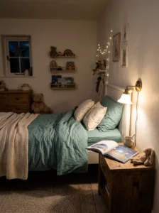 Warm bedside reading light creating a cozy bedtime reading area.