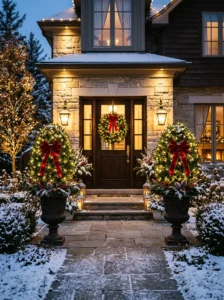 Lighted Christmas topiaries beside a front door