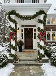 Christmas garland and ribbon wrapped around porch columns