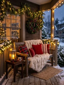 Cozy Christmas porch seating with plaid pillows and blankets