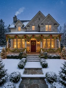 Christmas greenery swags decorating porch windows