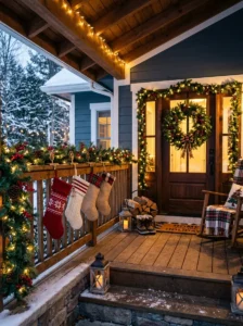 Personalized Christmas stockings displayed on a porch railing