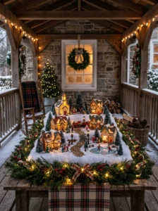 Mini Christmas village display on a covered porch