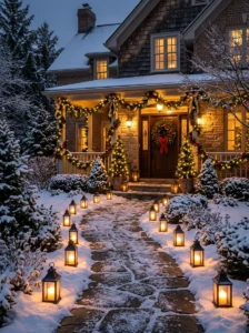 Christmas lanterns lining a front walkway