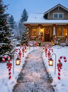 Oversized candy cane markers along a Christmas walkway