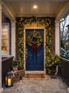Oversized Christmas wreath on a navy front door