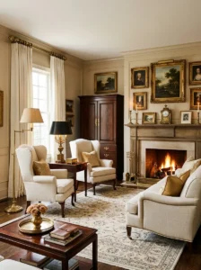 Antique brass fixtures and gold accents in a classic living room