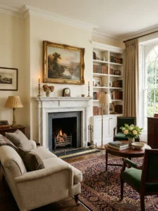 White marble fireplace surround in a timeless classic living room