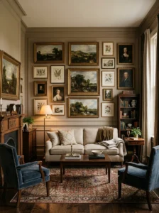 Traditional gallery wall with framed artwork in a classic living room