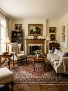 Traditional damask upholstery on an accent chair in a classic living room