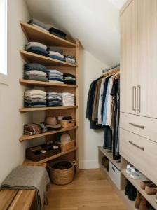 Angled corner shelving making use of unused closet space