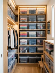Clear stackable storage bins organizing a small walk-in closet