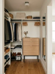 Motion-sensor lighting brightening a small walk-in closet