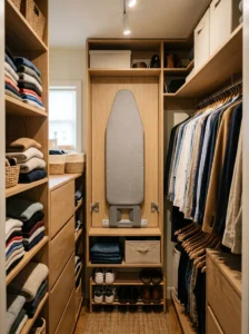 Fold-down ironing board saving space in a small walk-in closet