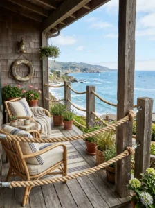 Nautical rope and wood railing on a coastal balcony