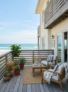 Horizontal wood slat railing on a coastal balcony