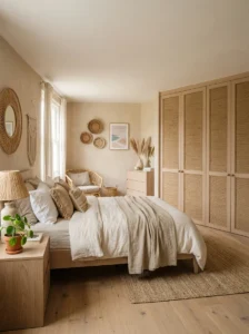 Woven jute rope closet door panels in a bedroom