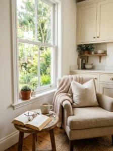 Cozy kitchen coffee nook with an armchair positioned beside a sunny window.