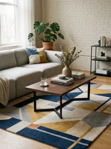 Coffee table matching a decorative rug.