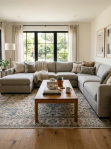 Coffee table correctly sized for a sofa.