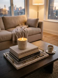 Elegant ceramic candle decorating a living room.