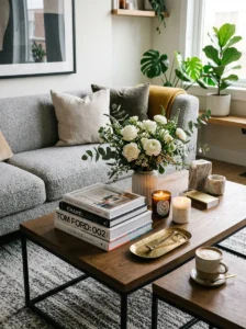 Coffee table styled with decorative books.