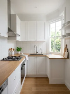 Small L-shaped kitchen with a space-saving corner sink