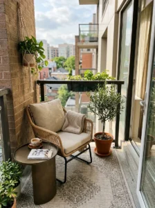 Slim side table beside an outdoor chair on a small apartment balcony.