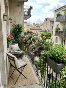 Railing planters adding flowers and herbs without using balcony floor space.