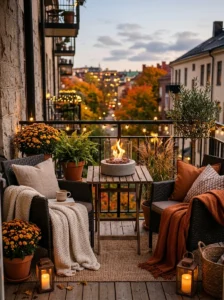 Tiered plant stand displaying greenery at different heights on a small balcony.