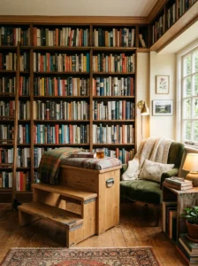 Dual-purpose library steps bench for seating and shelf access.
