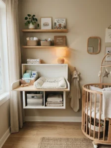 Compact nursery changing station combined with built-in storage.