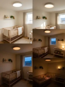 Small nursery with adjustable dimmable lighting for day and nighttime use.