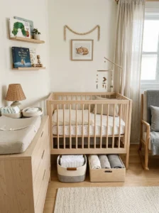 Low-profile storage bins tucked beneath a mini crib for extra linens.
