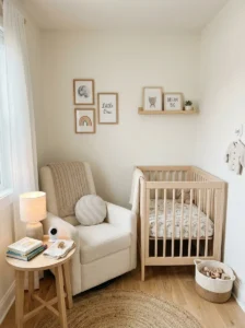 Compact upholstered chair tucked into a corner of a small nursery.