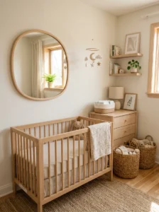 Rounded wall mirror reflecting natural light in a small nursery.