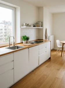 Small kitchen with space-saving under-counter refrigerator