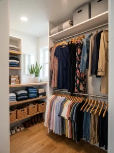 Double hanging rods maximizing clothing storage in a small closet