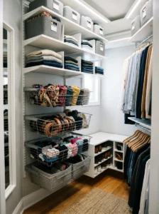 Wall hooks organizing frequently used items in a small closet