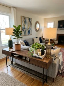 Console table positioned behind a living room sofa.