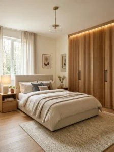 Two-tone painted closet doors in a bedroom