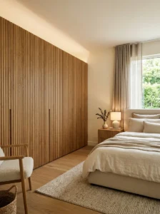 Fluted wood slat closet doors in a modern bedroom