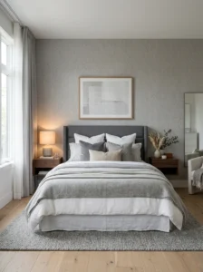 Grey bedroom with subtle patterned textured wallpaper