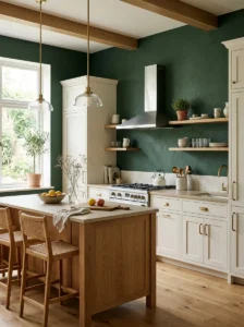 Kitchen with a deep green painted accent wall beside white cabinets.