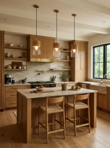 Wood pendant lights adding warmth above a kitchen island