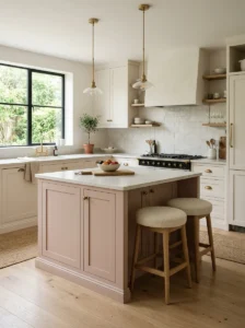 Soft blush pink kitchen island with white cabinets